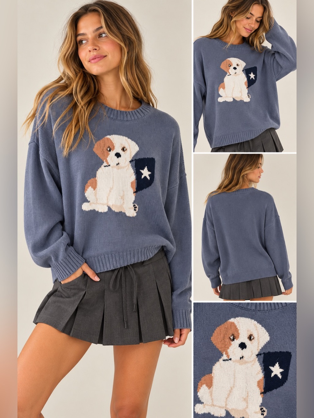 Hollister Co Blue Puppy Intarsia Knit Sweater Size Large NWT